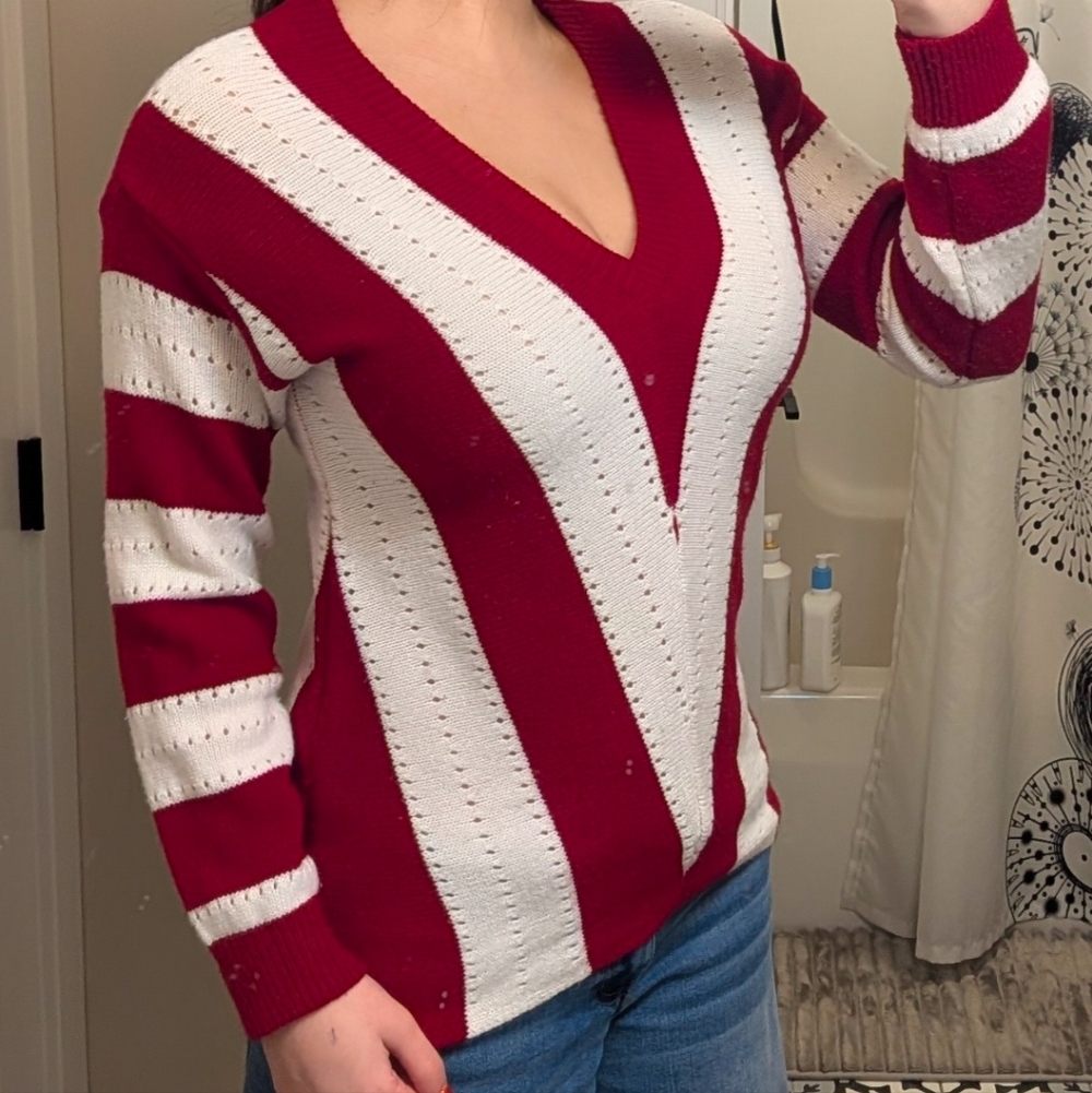 Red and White V-Neck Women's Sweater